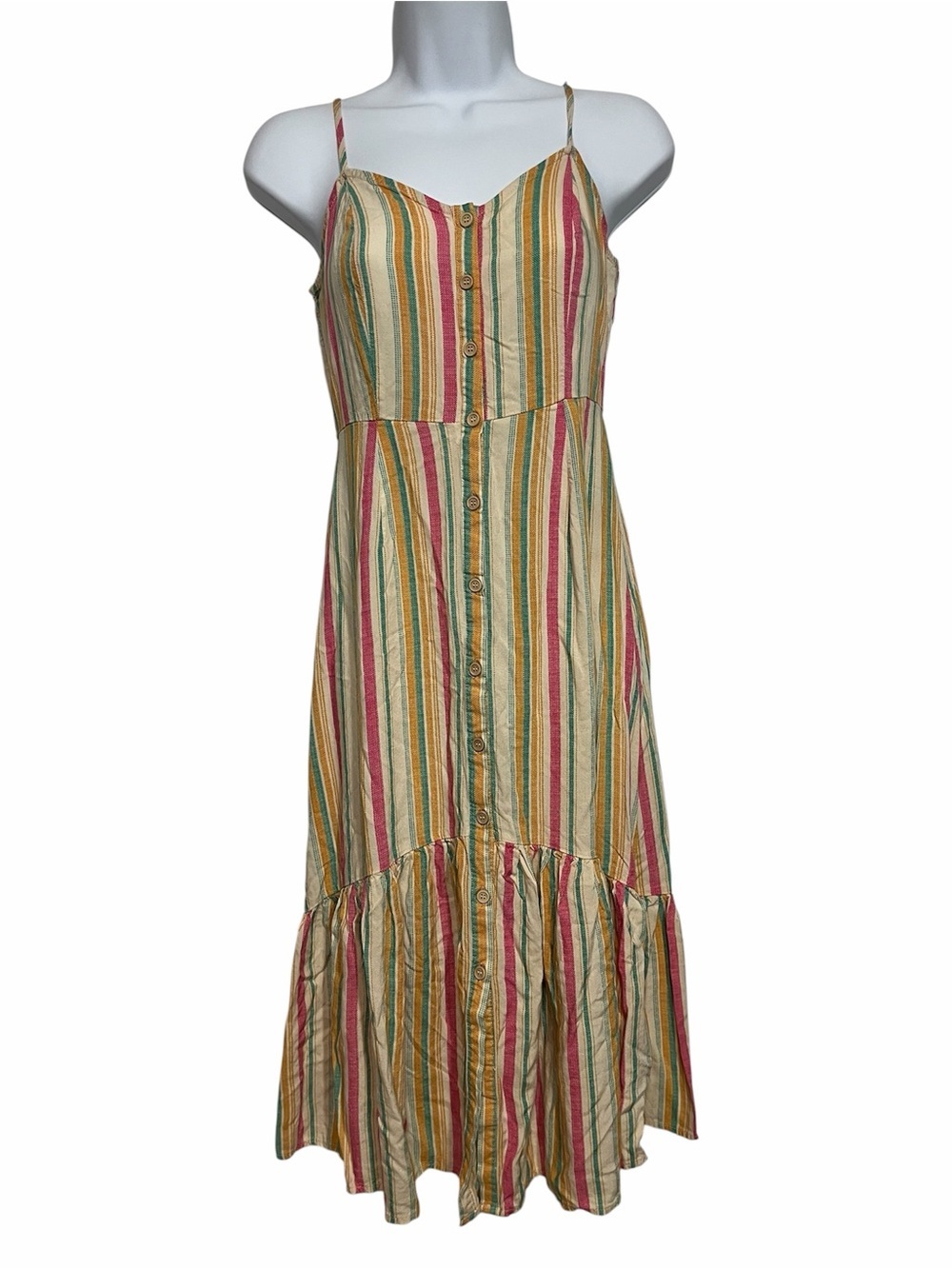 Multi Color Stripe Button-Front Maxi Size XS Spring Summer Sundress Vacation